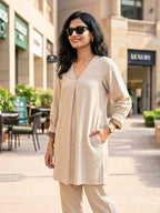 Off-White cotton flex box pleat co-ord set by KARCHOBI with jute lace trim, casual and workwear outfit, front view.