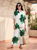 Off-White green floral co-ord set by Karchobi featuring a kaftan tunic and matching pants for women.