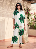 Off-White green floral co-ord set by Karchobi featuring a kaftan tunic and matching pants for women.
