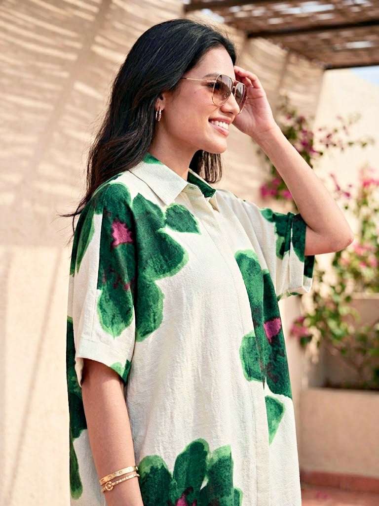 Off-White green floral co-ord set by Karchobi, includes a tunic and pants with vibrant floral print and stylish design.