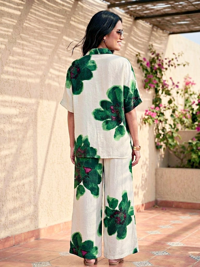 Off-White green floral co-ord set by Karchobi featuring a kaftan tunic and matching pants, perfect for casual or stylish wear.