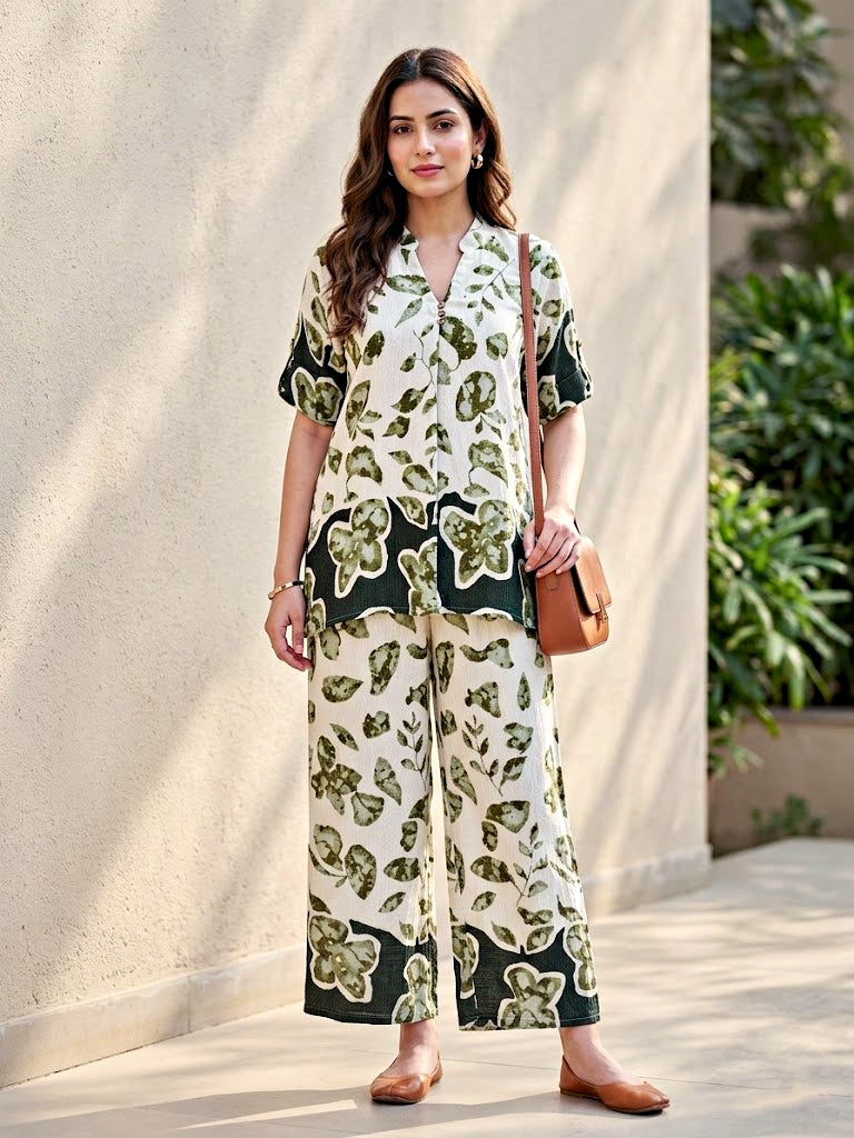 Off-white and green rayon slub kurta and pant co-ord set with box pleats, floral design, by Karchobi, suitable for women.
