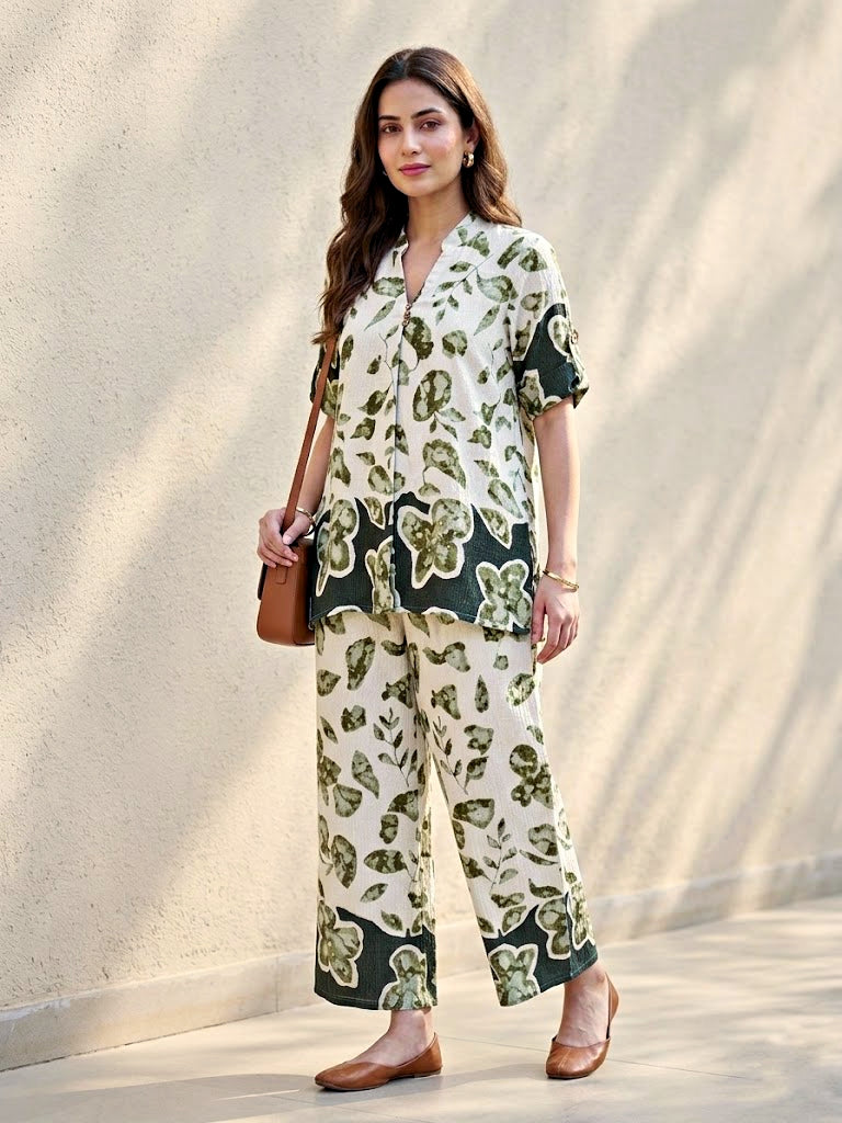 Off-White and green rayon slub kurta and pant co-ord set with box pleats, floral design, stylish women's ethnic wear.