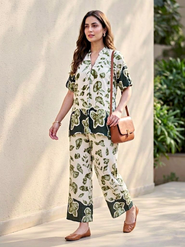 Off-white and green rayon slub kurta and pant co-ord set with floral design, featuring box pleat details, by Karchobi.