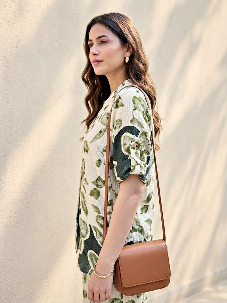 Off-white and green rayon slub kurta and pant co-ord set with floral design, featuring box pleats, by Karchobi.