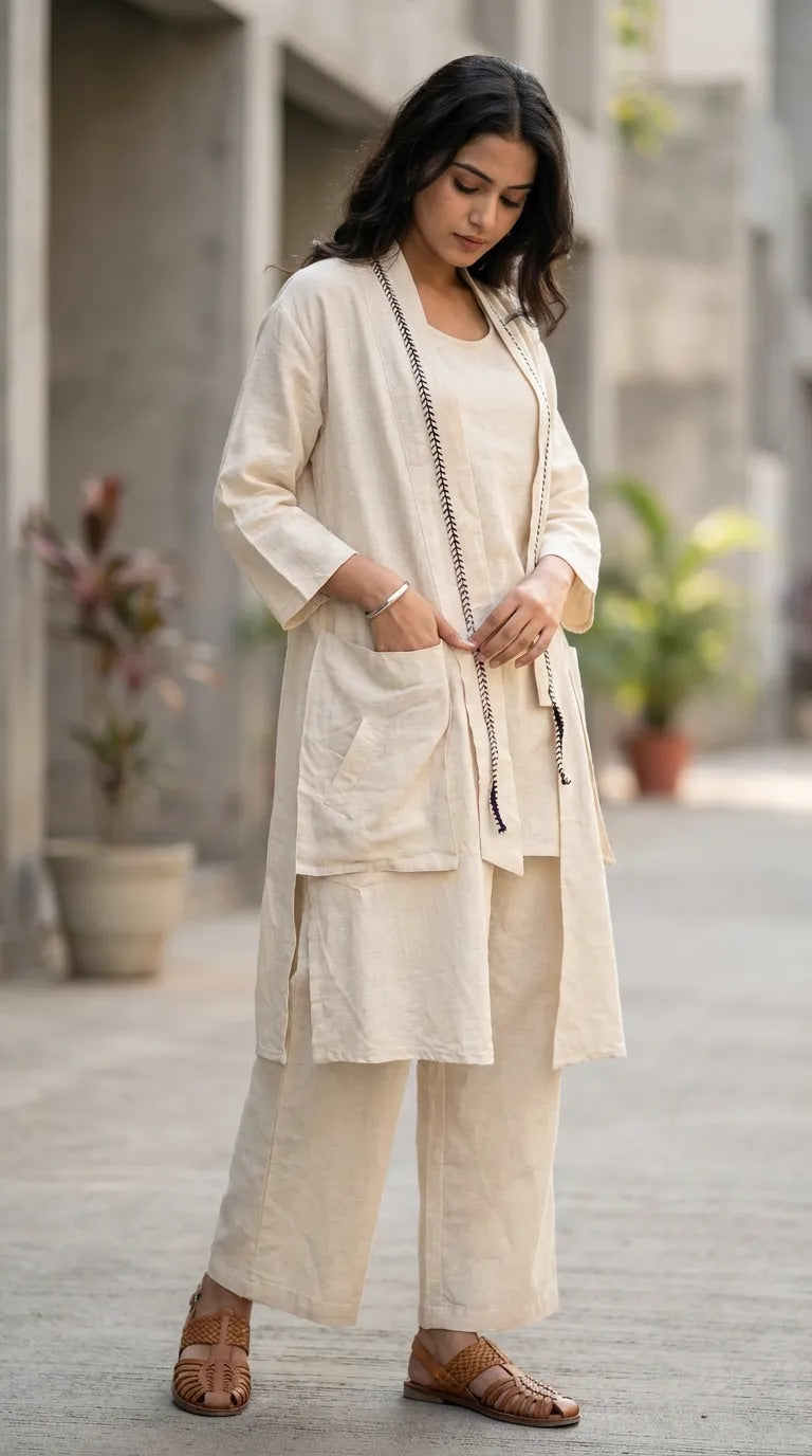 Woman wearing Karchobi off-white three-piece co-ord set with long jacket and wide-leg pants