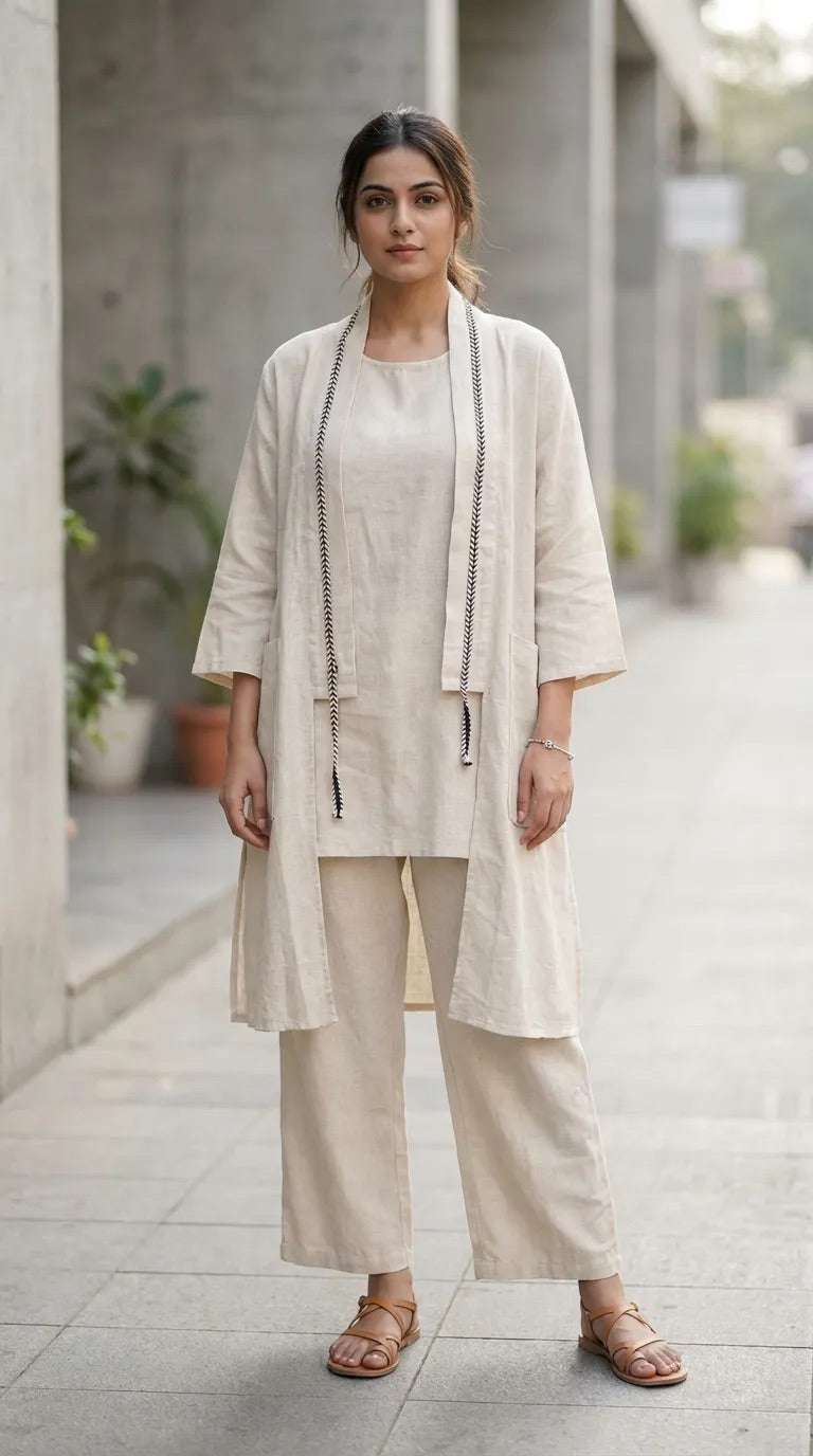 Woman in an off-white Karchobi 3-piece co-ord set with jacket, inner top, and wide pants