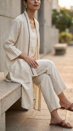 Woman wearing Karchobi off-white co-ord set with jacket, top, and pants, sitting outdoors