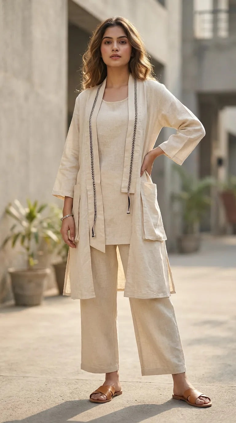 Woman wearing Karchobi off-white three-piece co-ord set with jacket, standing outdoors