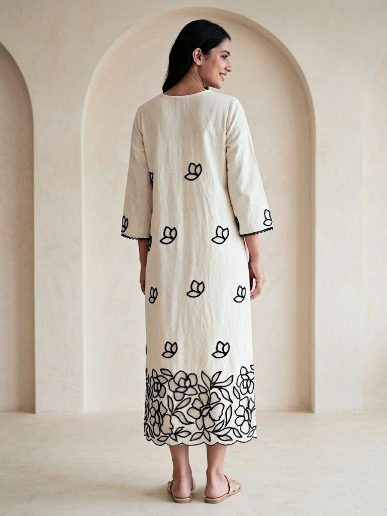 Off-White Karchobi embroidered kurta dress with floral appliqué and embroidery, long black and off-white design, traditional Indian style