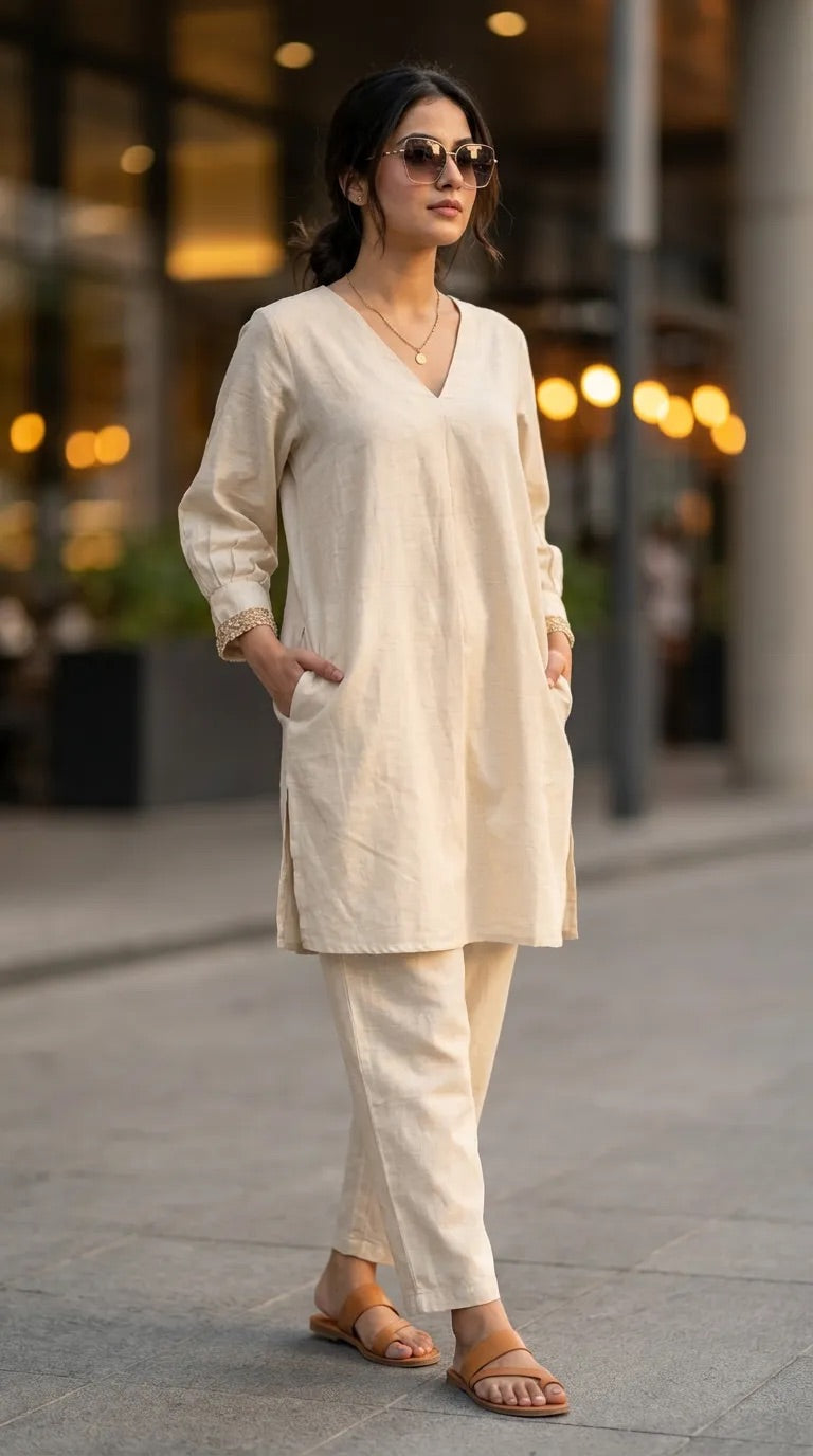 Woman wearing Karchobi off-white box pleat co-ord set with jute lace cuffs, outdoor street style