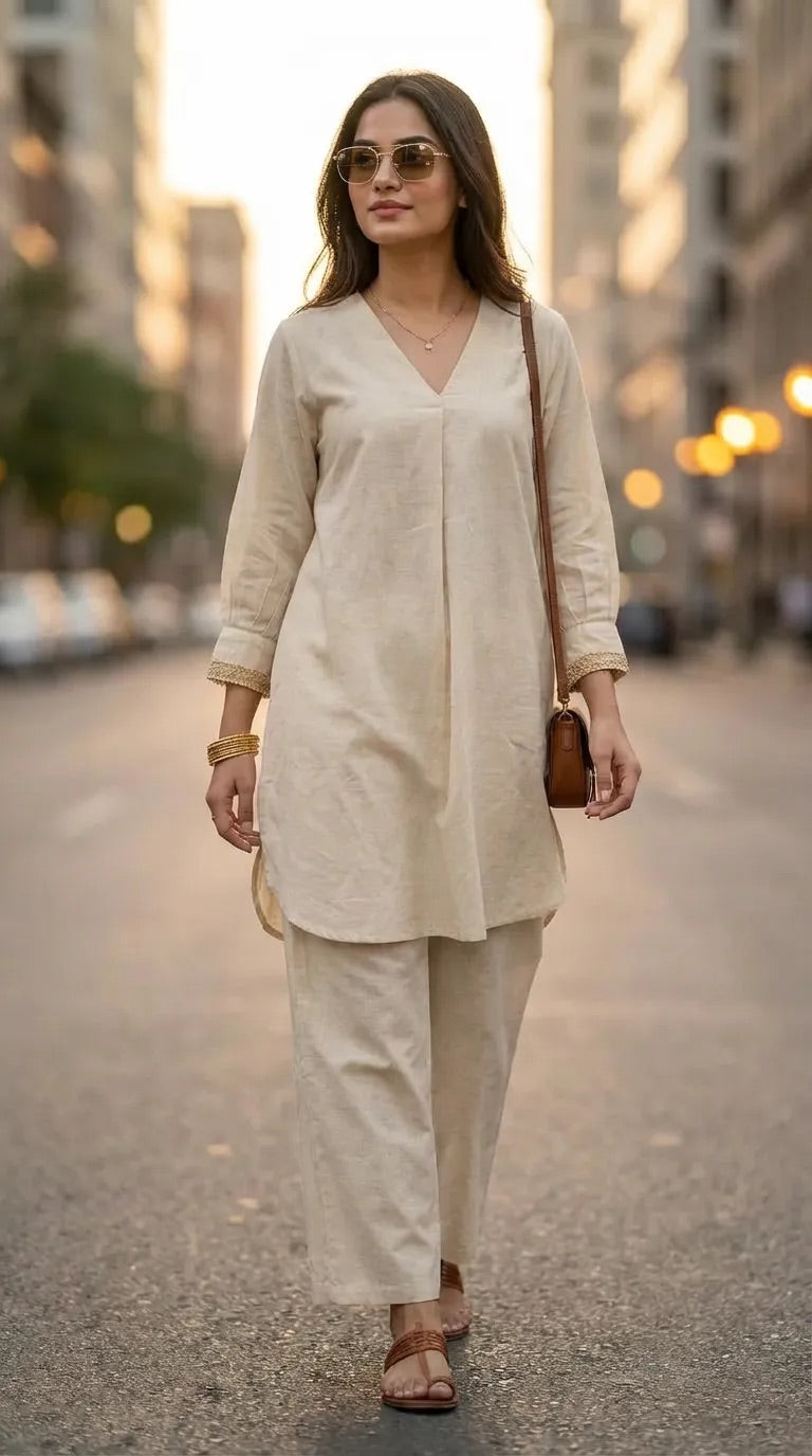 Woman in off-white box pleat co-ord set with jute lace cuffs from Karchobi, street style