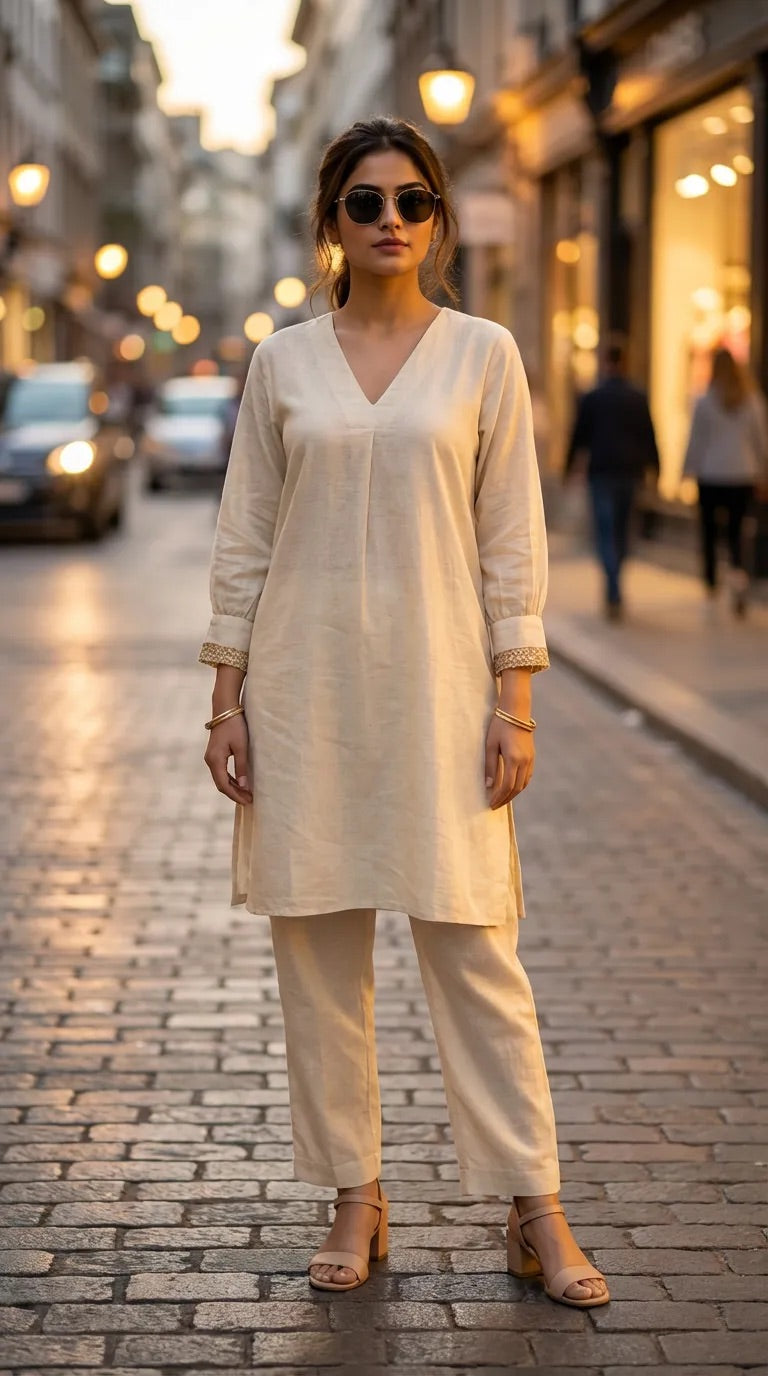 Woman in off-white box pleat kurta and trousers with jute lace cuffs, Karchobi street style.