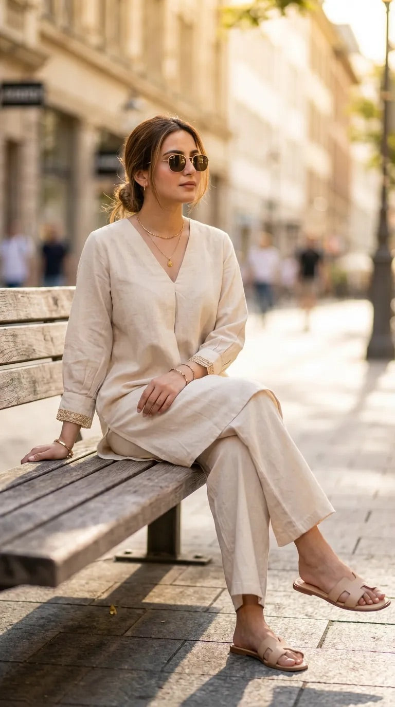 Woman in off-white co-ord set with jute lace cuffs sitting on a bench, casual street style