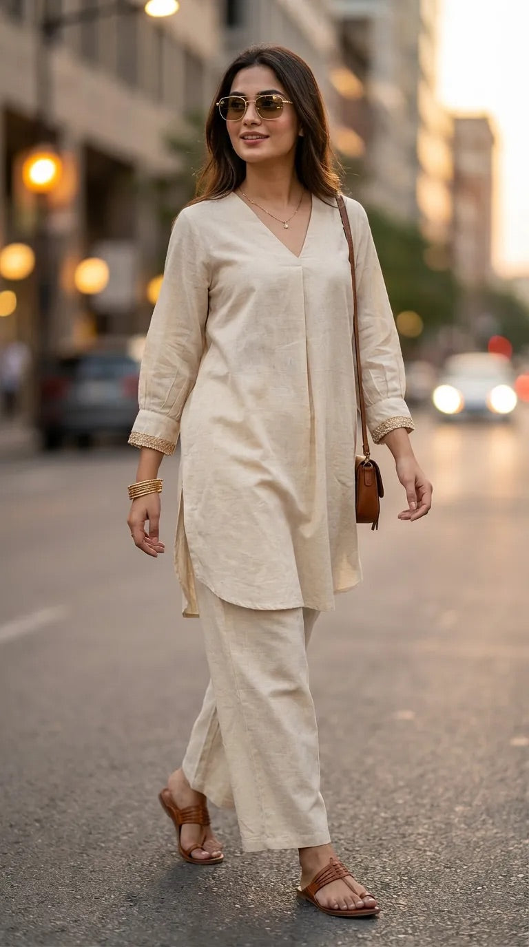 Woman wearing Karchobi off-white box pleat co-ord set with jute lace cuffs, walking confidently in an urban street, showcasing chic women's fashion.
