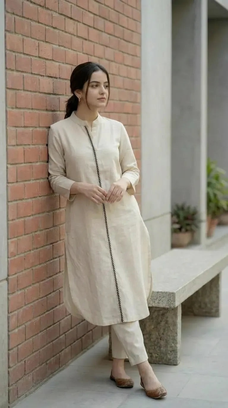 Woman wearing off-white long kurta co-ord set with jute lace by KARCHOBI, leaning on brick wall.