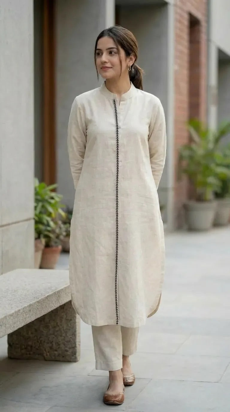 Woman in an off-white jute lace long kurta co-ord set from Karchobi, standing outdoors