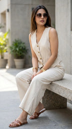 Woman wearing Karchobi off-white waistcoat co-ord set, sunglasses, and sandals outdoors