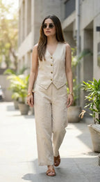 Woman wearing Karchobi off-white waistcoat co-ord set, sunglasses, and sandals, outdoors