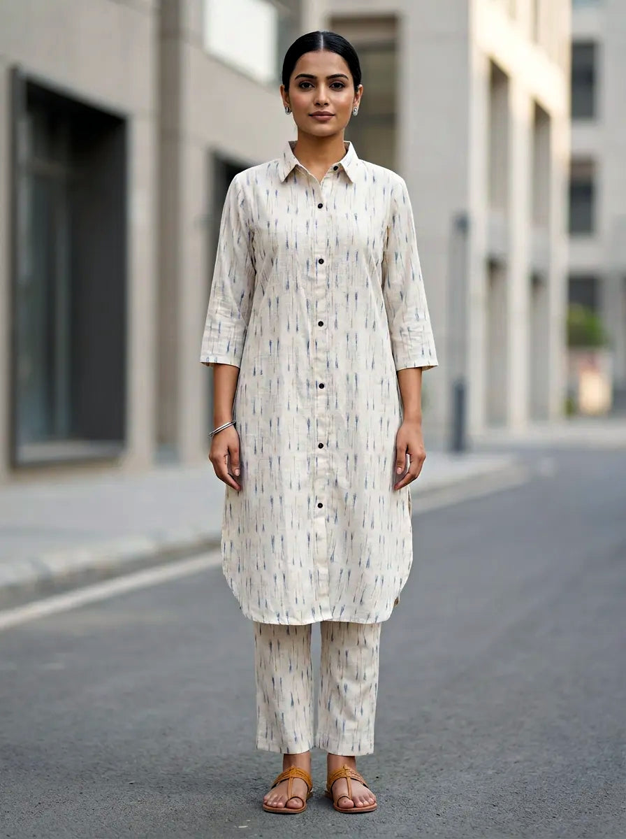 Woman wearing a white ikat kurta pant co-ord set on a city street.