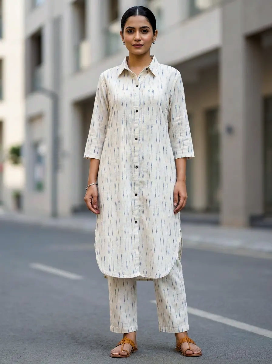 Woman wearing a white ikat kurta pant co-ord set standing on a city street