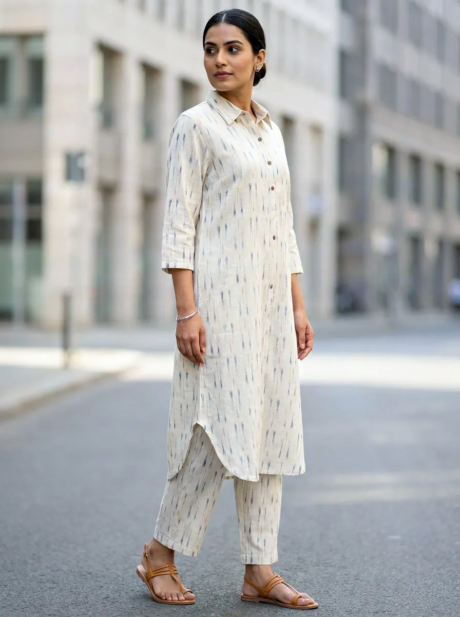 Woman walking on a street wearing a white ikat kurta pant co-ord set