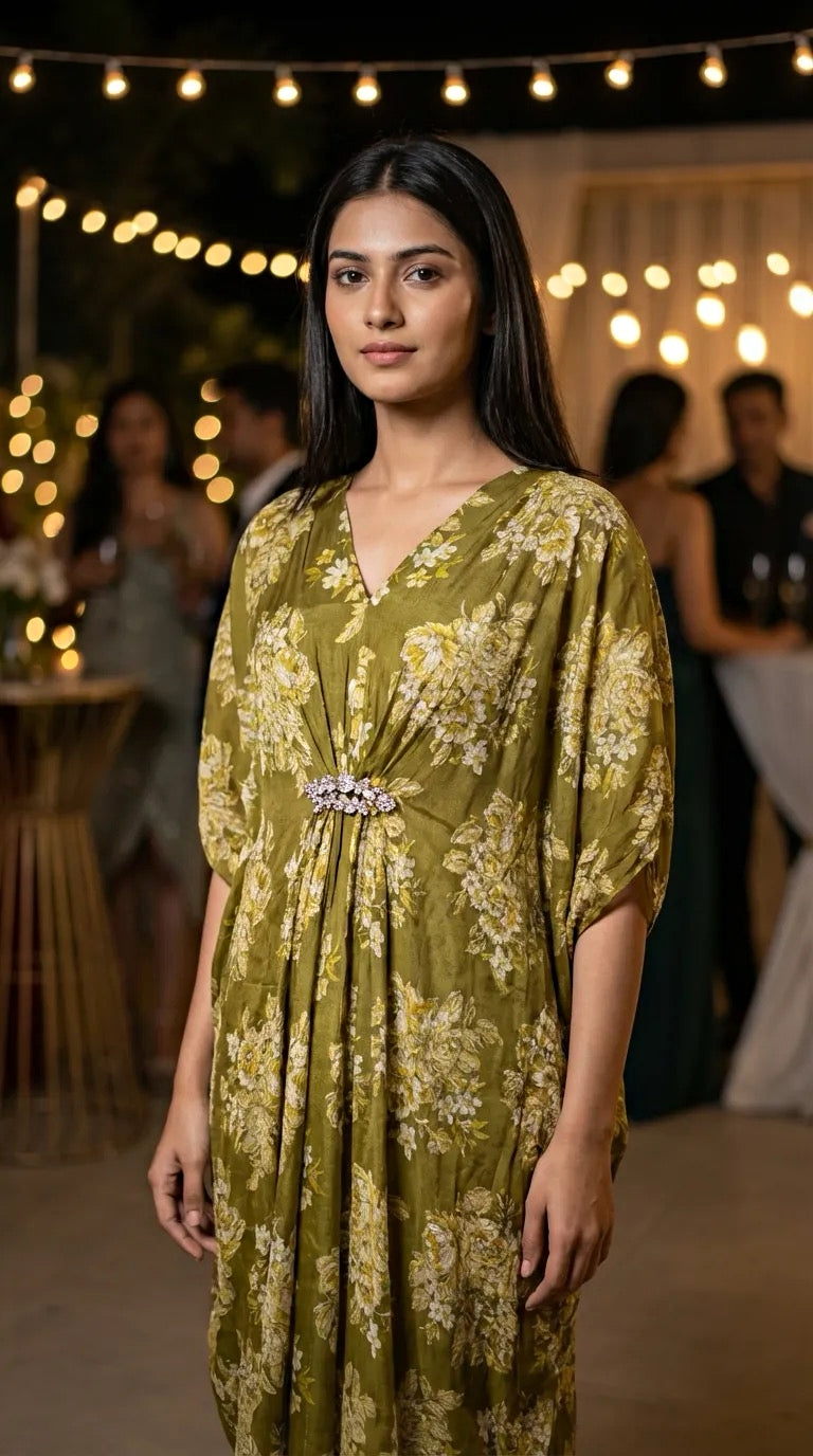 Woman in olive green floral embroidered kaftan dress with crystal embellishment at evening event