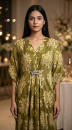 Woman in olive green floral embroidered long kaftan dress with embellished lace motif by Karchobi
