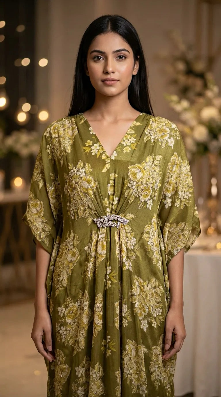 Woman in olive green floral embroidered long kaftan dress with embellished lace motif by Karchobi