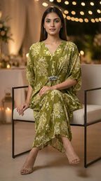 Woman wearing olive green floral embroidered long kaftan dress with lace motif, seated indoors at Karchobi.