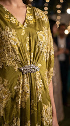 Olive green floral embroidered kaftan dress with jeweled lace motif, Karchobi women's fashion