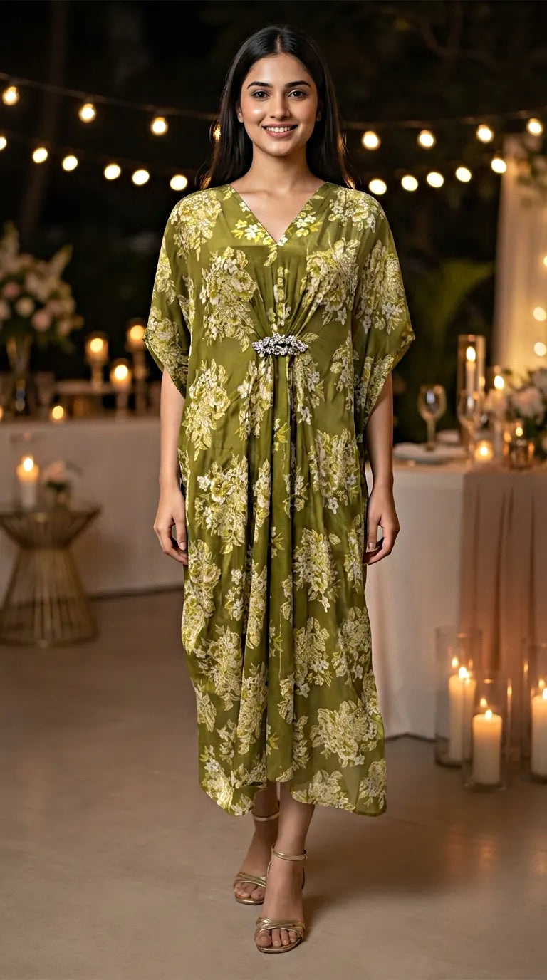 Woman wearing olive green floral embroidered kaftan dress with lace motif at evening event