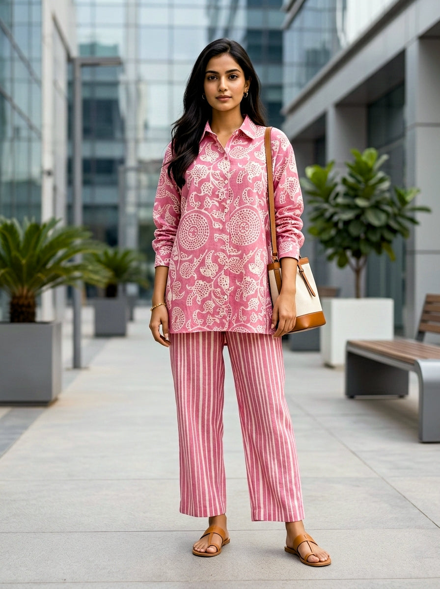 Onion pink cotton linen co-ord set featuring abstract print shirt and striped pants by Karchobi.