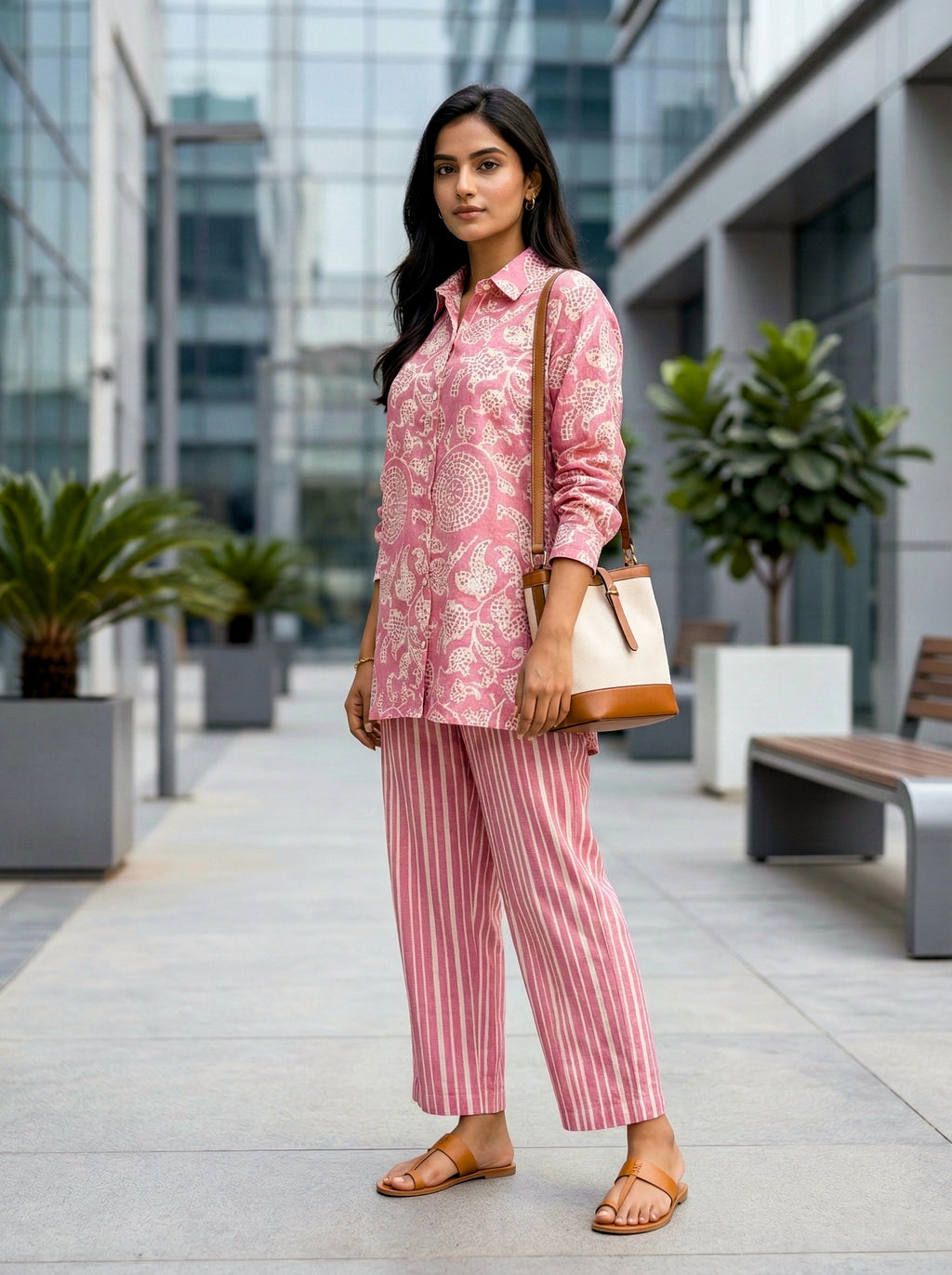 Onion pink cotton linen co-ord set featuring abstract print shirt and striped pants by Karchobi.