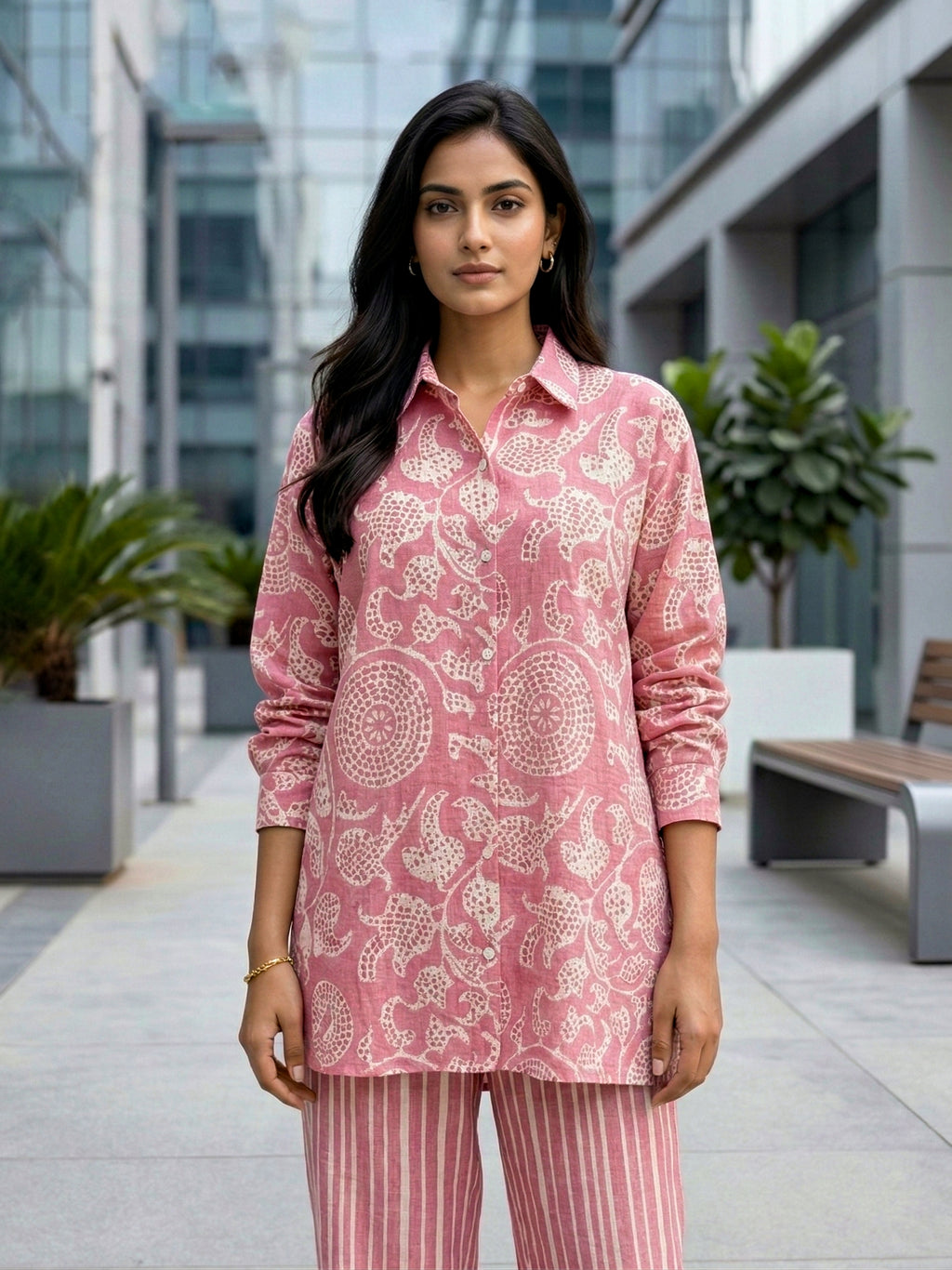 Pink cotton linen co-ord set featuring abstract print shirt and striped pants by Karchobi, stylish women's outfit.