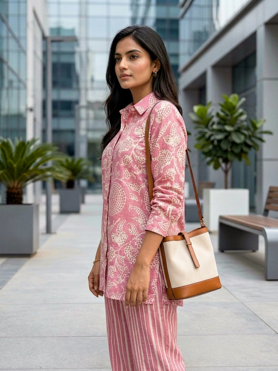 Women's Karchobi onion pink cotton linen co-ord set featuring an abstract print shirt and striped pant.