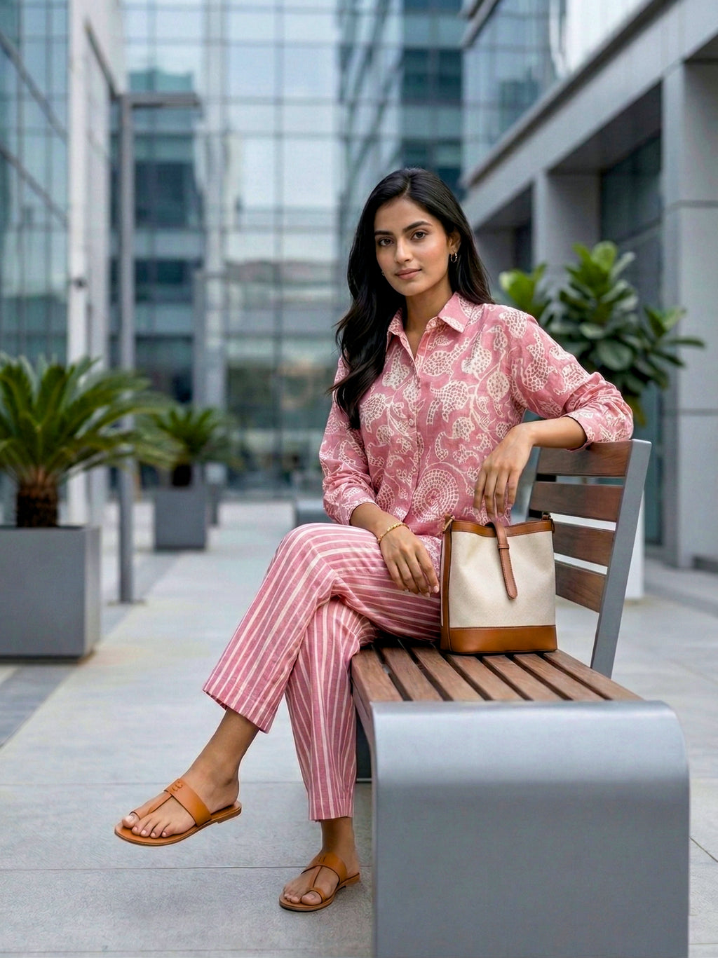 Onion pink cotton linen abstract print shirt and pant co-ord set by Karchobi, featuring a stylish design and relaxed fit.