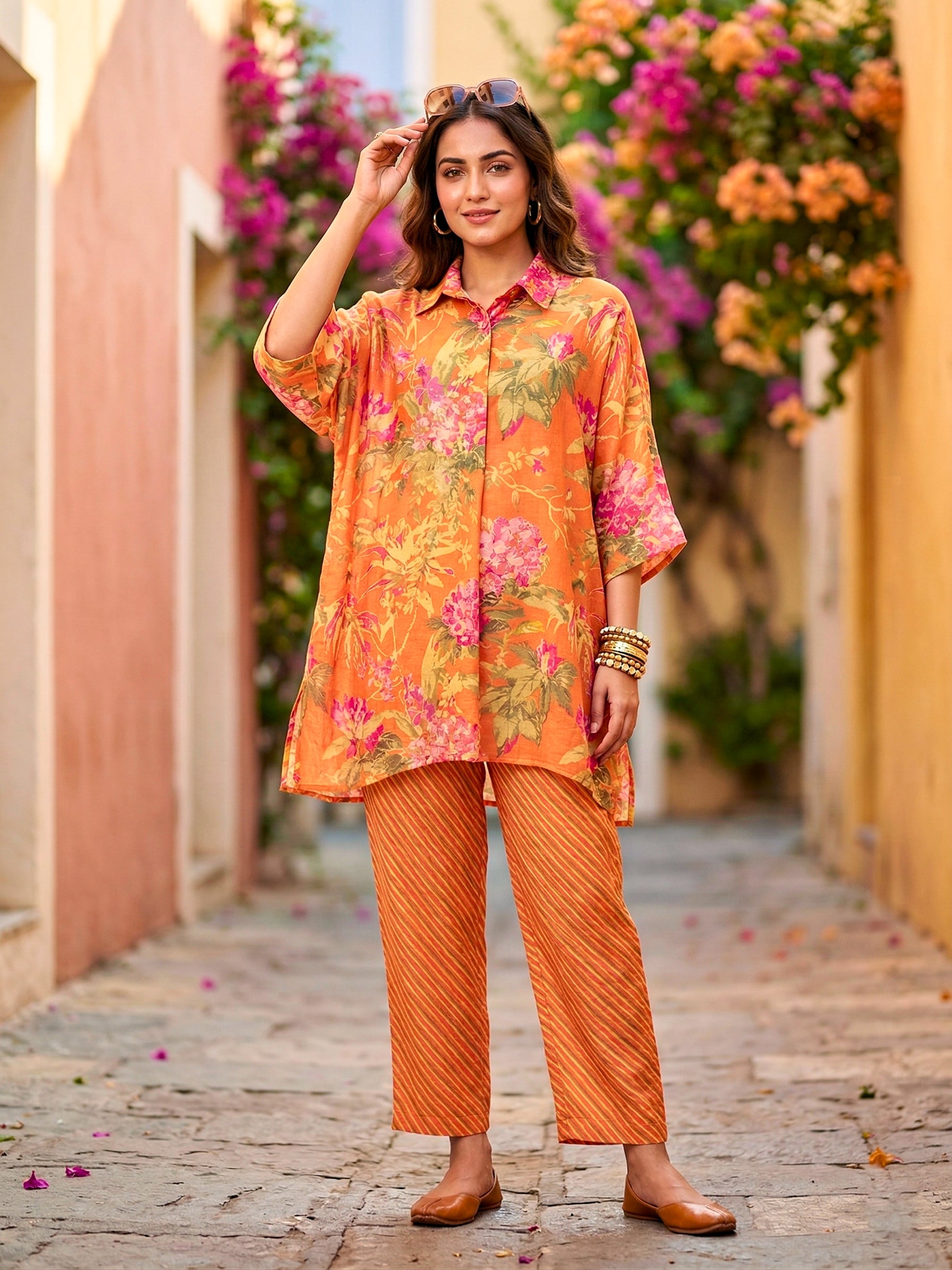 Orange floral print kaftan shirt and pant co-ord set by KARCHOBI, featuring diagonal stripe design and relaxed fit for women.