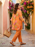Orange floral print kaftan shirt and striped pants co-ord set by Karchobi, stylish women's matching outfit with vibrant design.