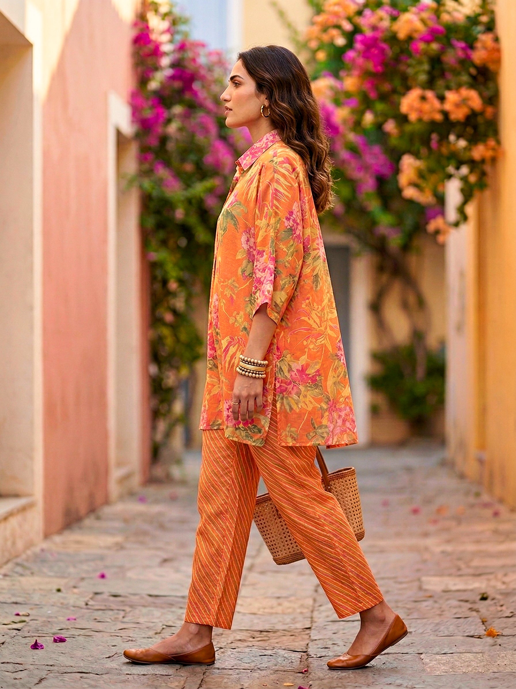 Orange floral print kaftan shirt and pant co-ord set by Karchobi, featuring diagonal stripes and relaxed fit for women.