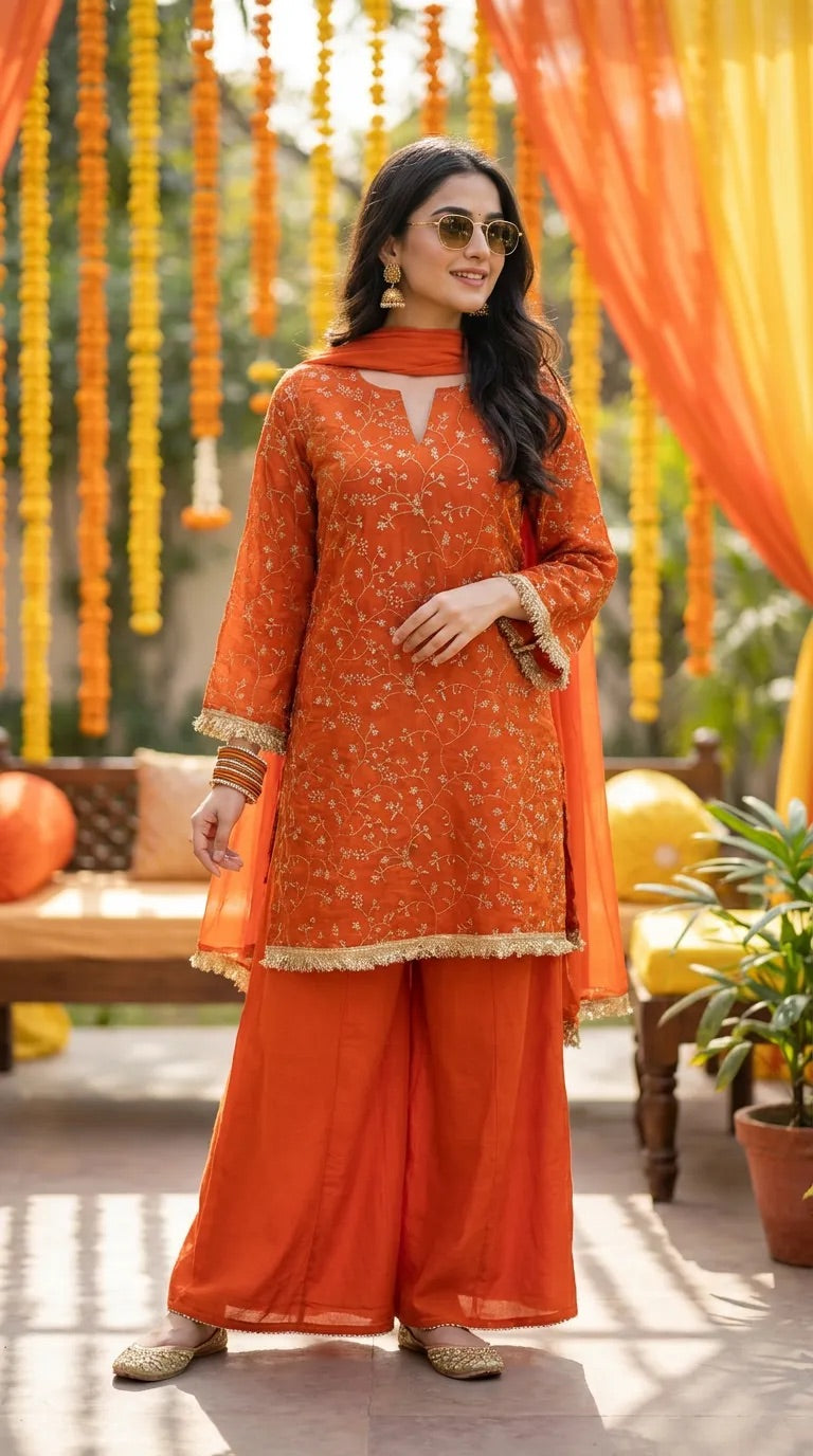 Woman modeling orange floral sequin embroidered kurta sharara set with lace trim from Karchobi, set in a festive outdoor decor.