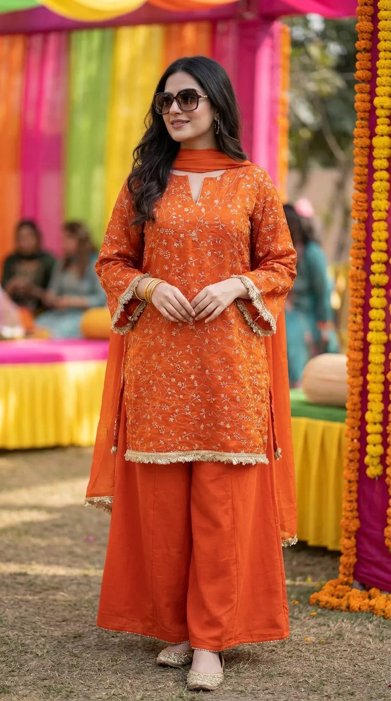 Woman in an orange floral sequin embroidered kurta sharara set at a festive outdoor event