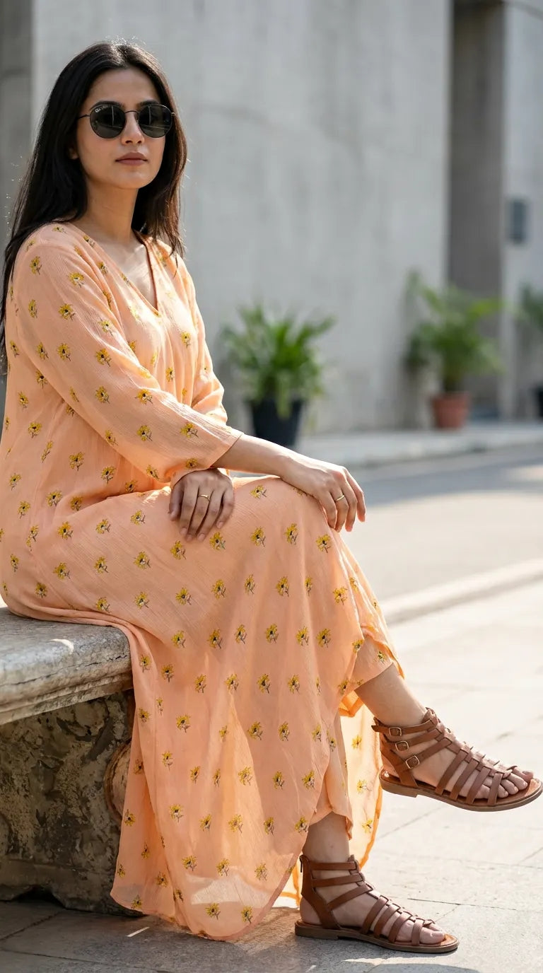 Woman in peach floral V-cut kurta pant set by Karchobi, seated outdoors, wearing sunglasses