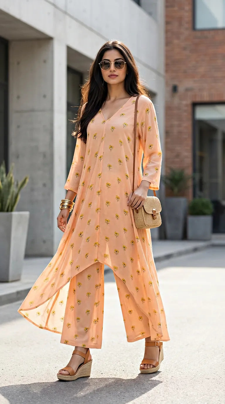 Woman wearing peach floral print V-cut kurta pant set from Karchobi, styled with wedges outdoors