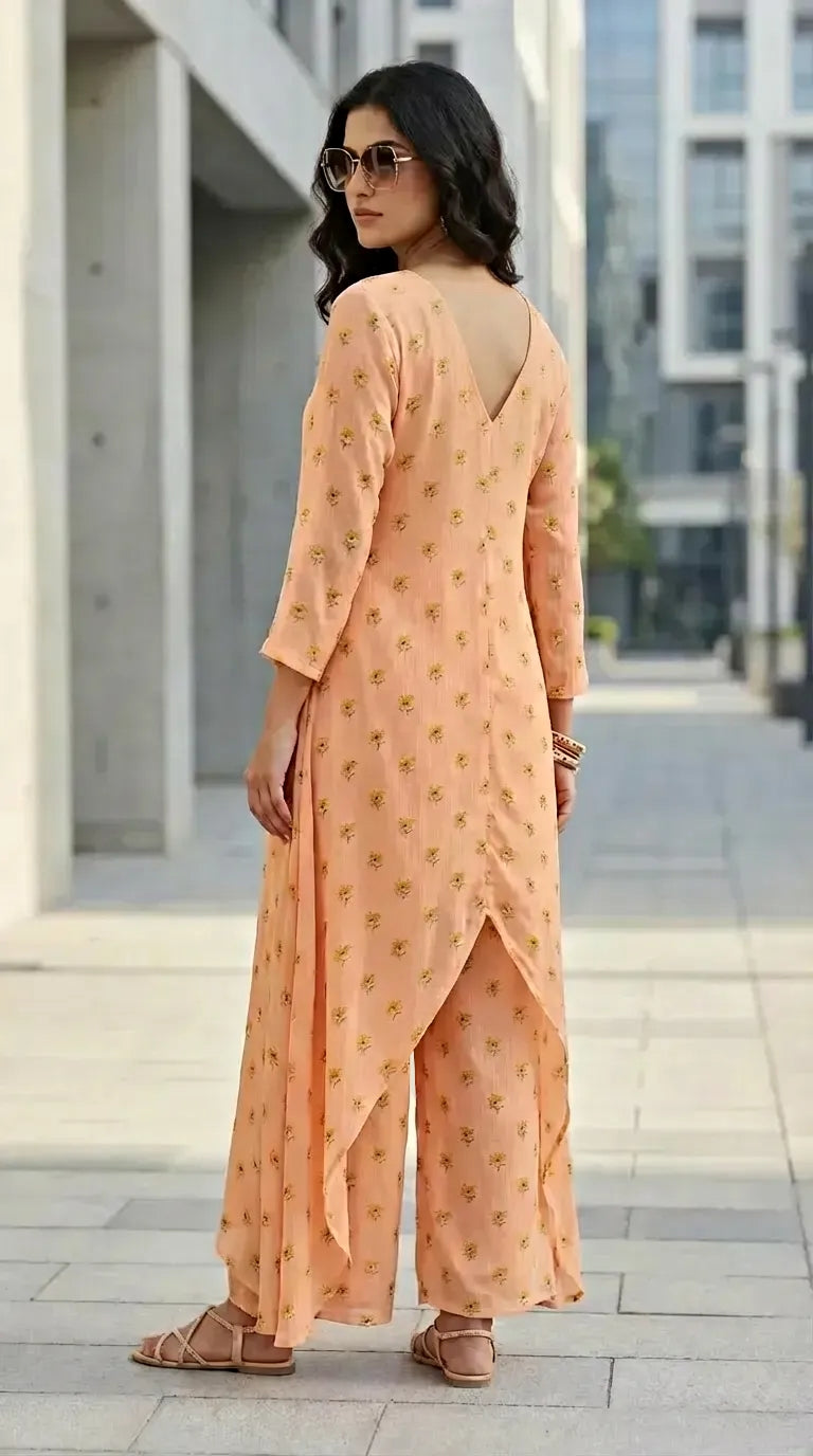 Woman in peach floral print V-cut kurta and pants set, Karchobi women's fashion style