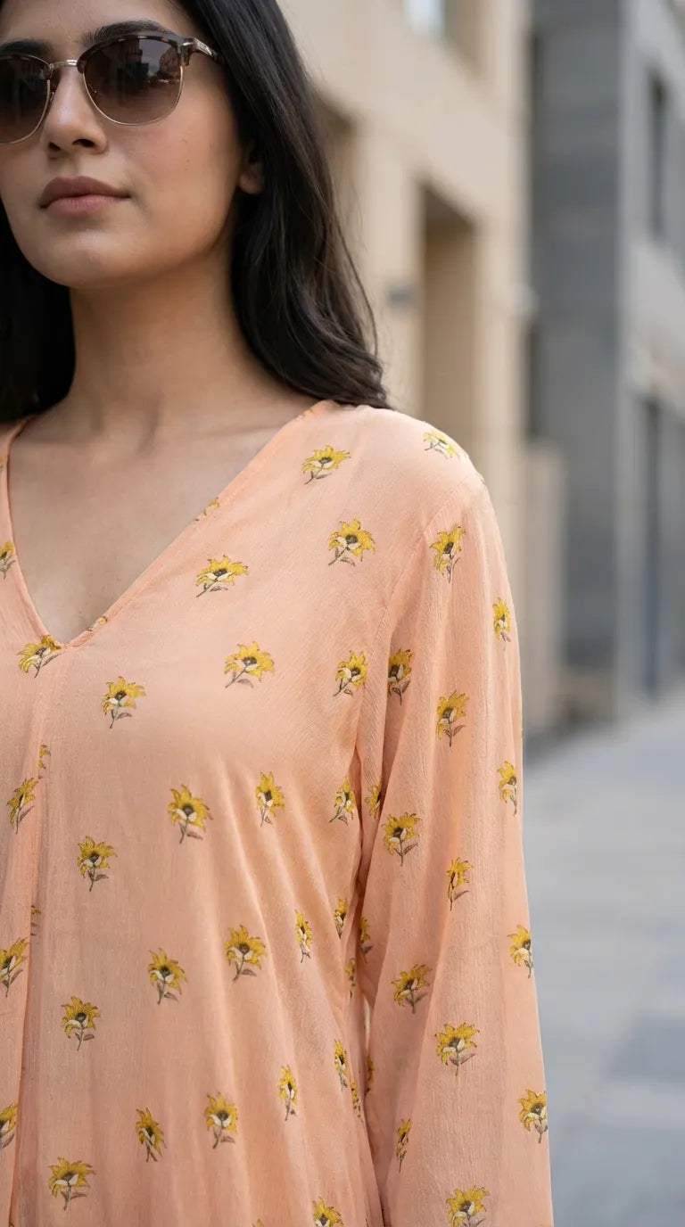 Woman in sunglasses wearing a peach floral print V-cut kurta from Karchobi