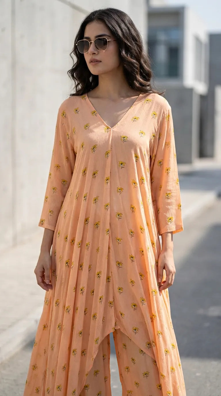 Woman model wearing peach floral print V-cut kurta pant set by Karchobi, outdoors.