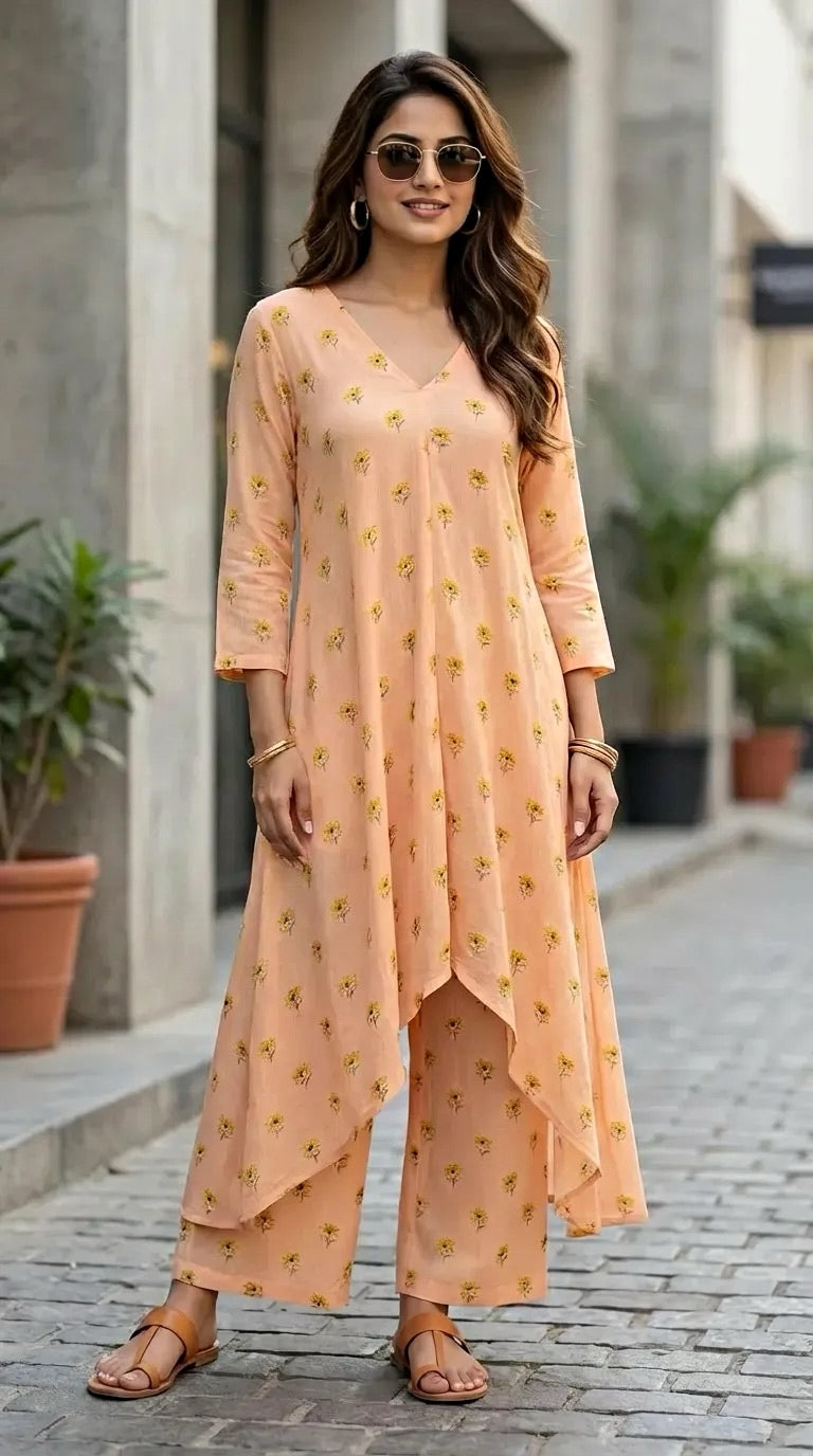 Woman wearing peach floral print chinon V-cut kurta pant set from Karchobi, styled outdoors