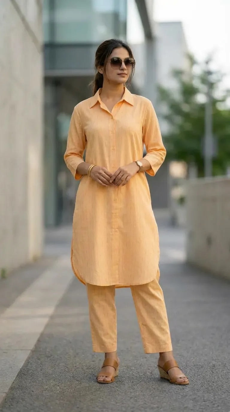 Woman in peach long shirt and pants co-ord set from Karchobi, modern outdoor setting