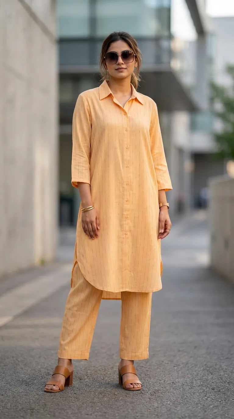 Woman in peach long shirt and pants co-ord set from KARCHOBI, standing outdoors